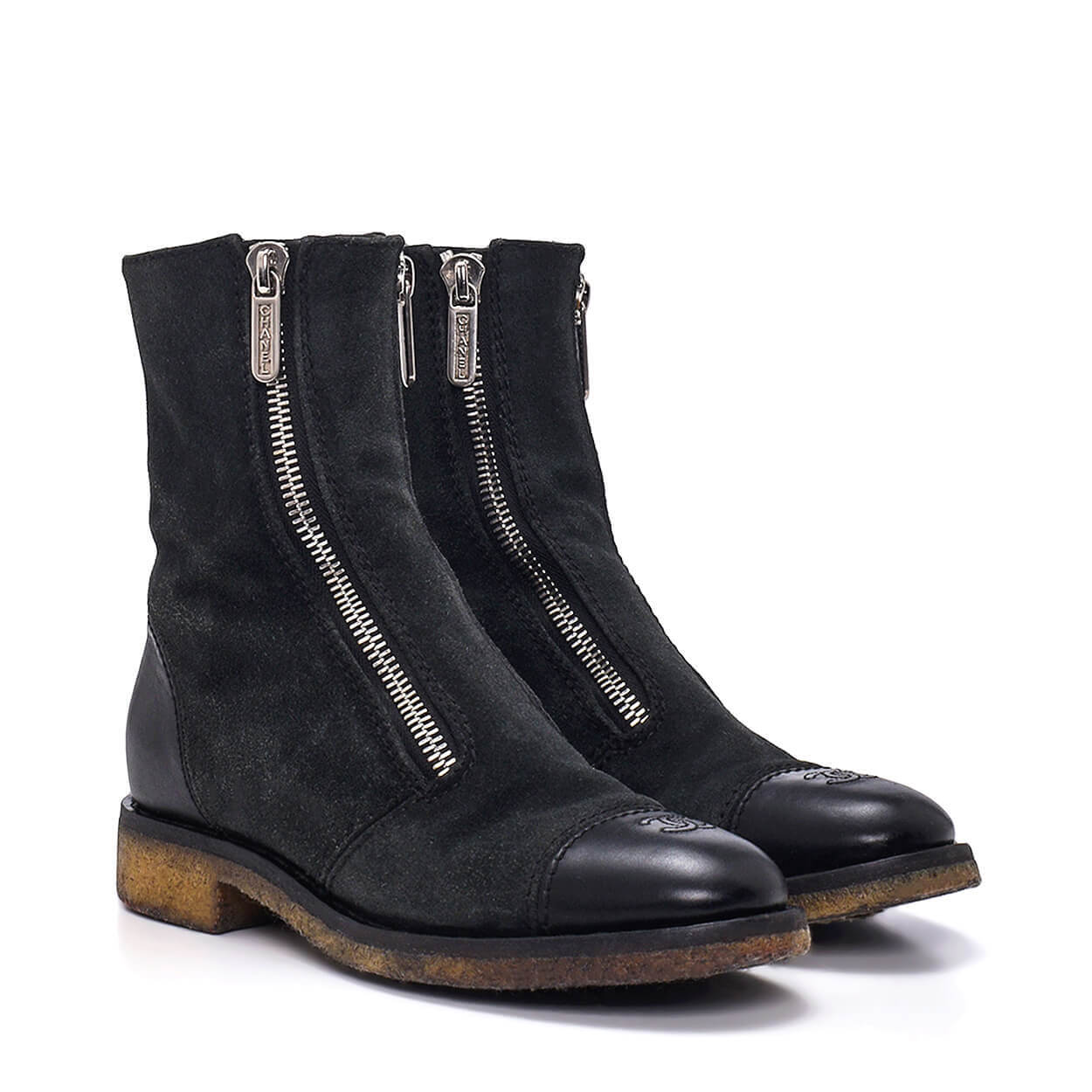 Chanel - Black Suede Zip Details Boots 